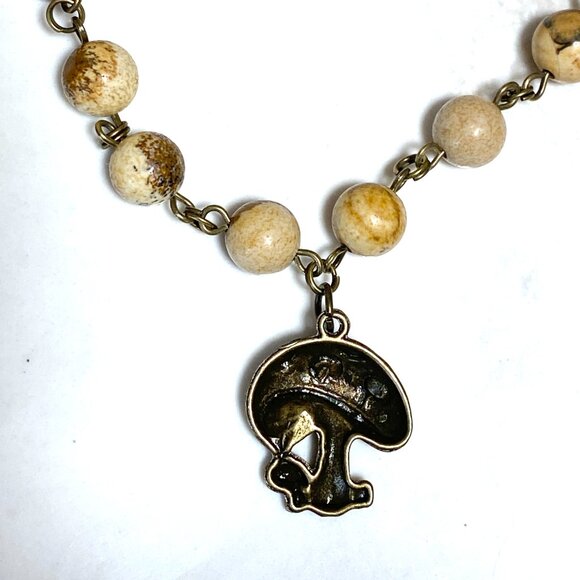 Genuine Yellow Picture Jasper Short Necklace, Bronze Round Mushroom + Gemstone - Picture 5 of 15